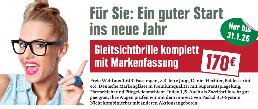 Optikhelden - Für Sie: Ein guter Start ins neue Jahr: Gleitsichtbrille komplett mit Markenfassung für 170 €. Nur bis 31.1.26