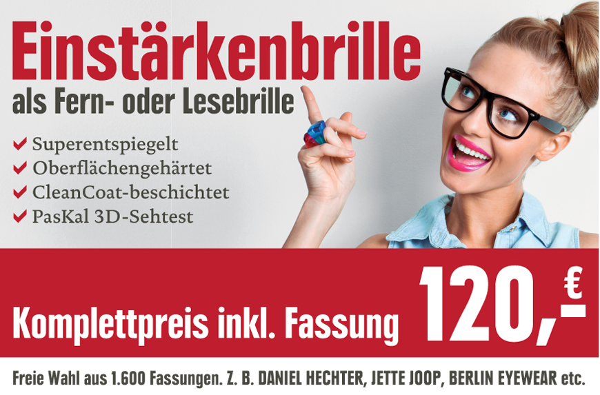 Optikhelden - Einstärkenbrille als Fern- oder Lesebrille komplett mit Fassung 120 €