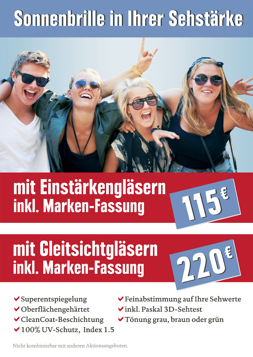Optikhelden - Sonnenbrille in Sehstärke - mit Einstärkengläsern 115 €, mit Gleitsichtgläsern 220 €.