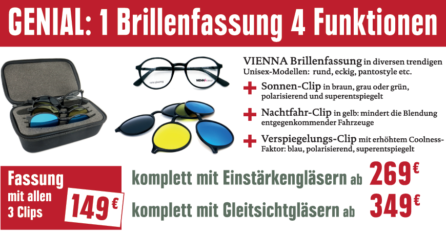 Optikhelden - Genial: 1 Brillenfassung 3 Funktionen - mit Einstärkengläsern oder Gleitsichtgläsern